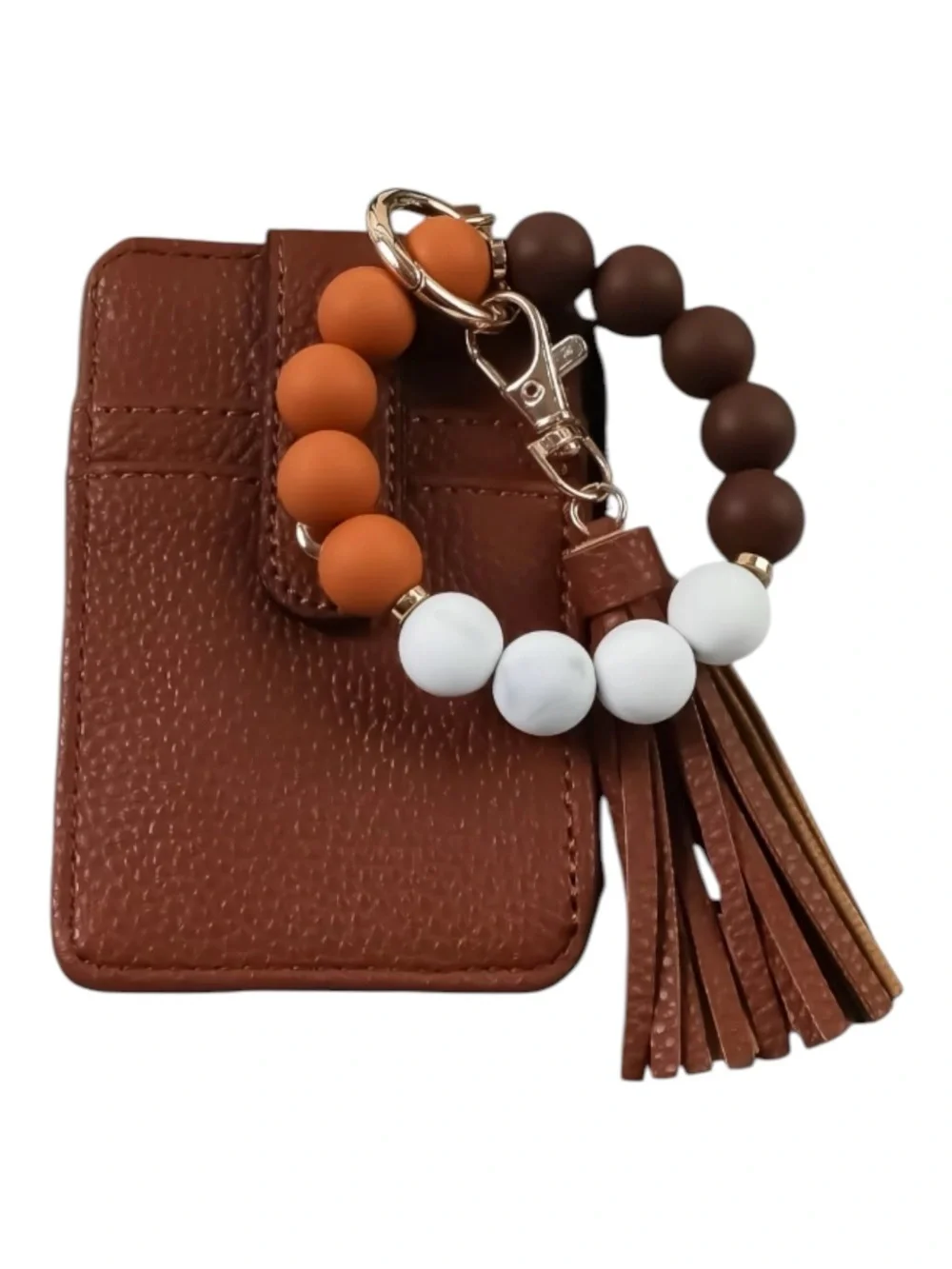 Dark Brown Leather Wristlet Keychain with Orange and White Beads